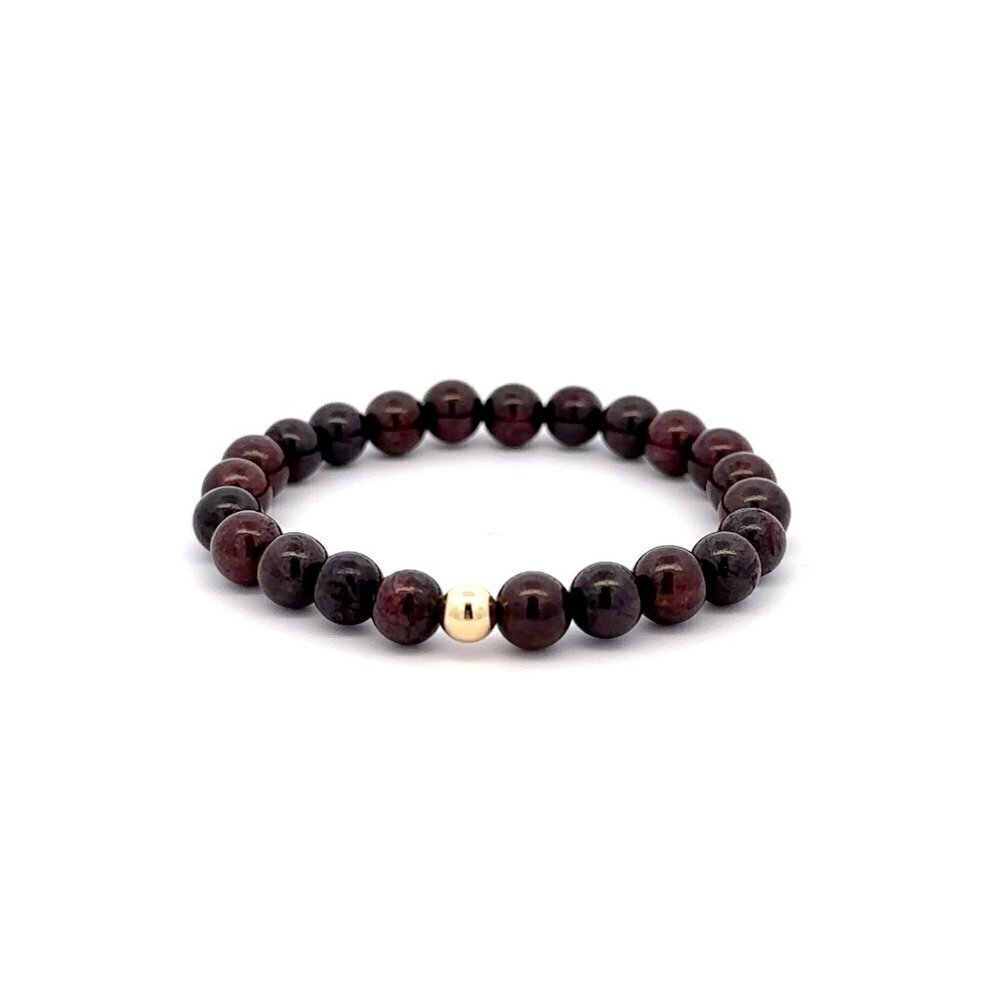 Natural Garnet Gemstones 6mm Stretchable Bracelet 18k Gold Bead Charm